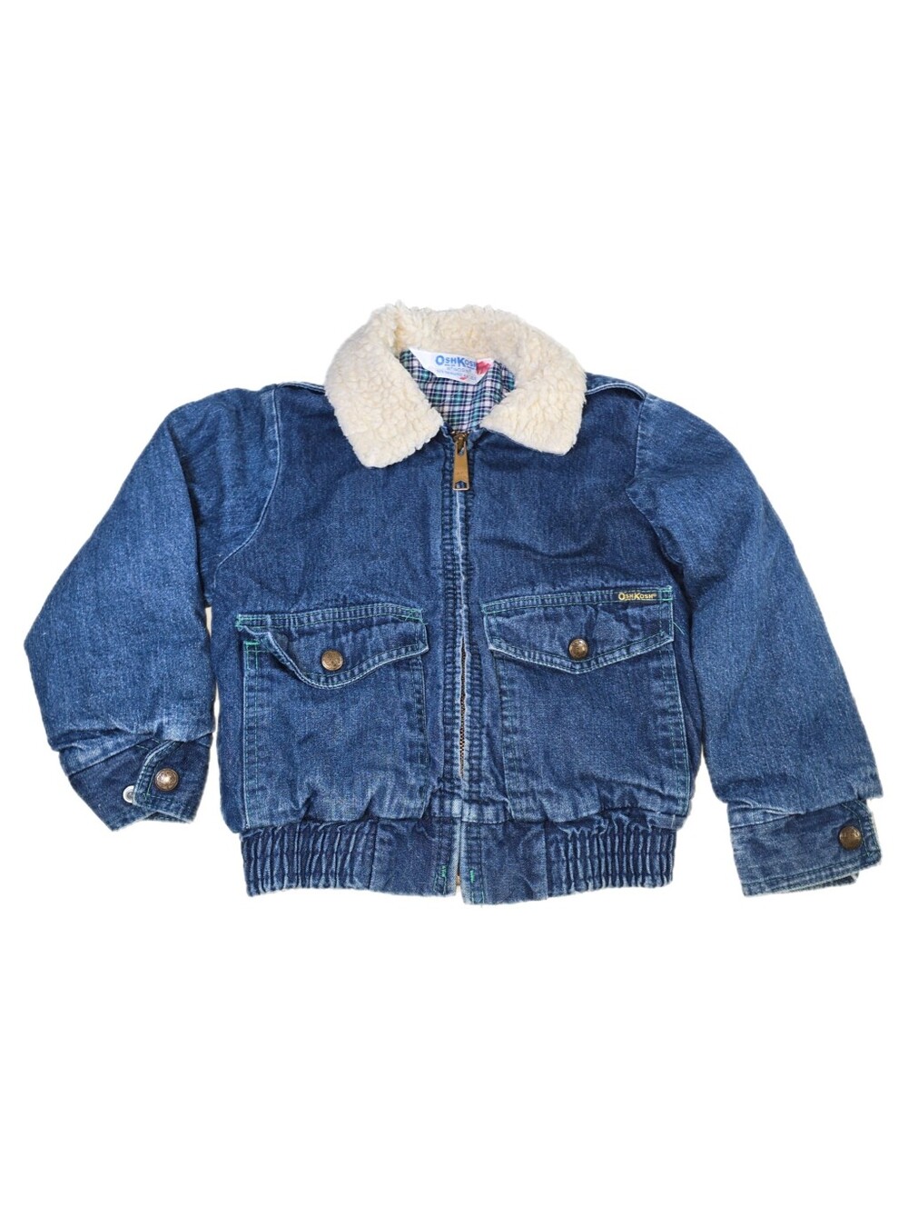 Vintage OshKosh BGosh Denim Jean Jacket Kids Size 3T Sherpa Collar Plaid Lined